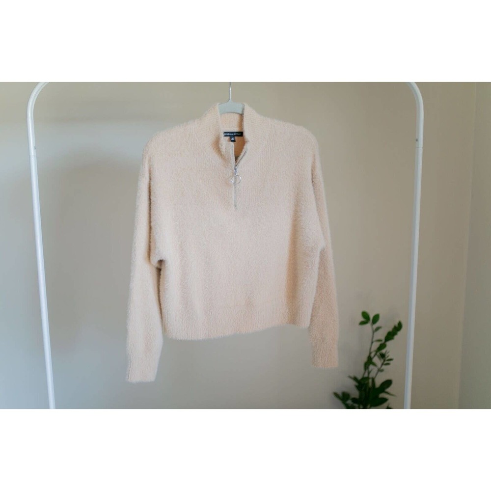 Kendall & Kylie Fuzzy Half Zip Crop Camel Color Sweater Size M